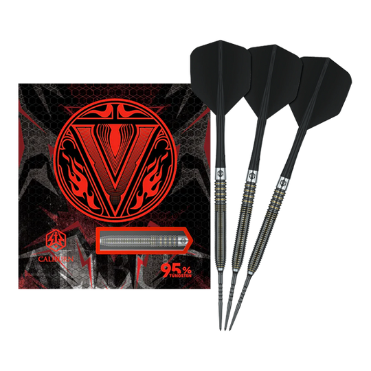 Das Bild zeigt Caliburn V-Series V2 Steeldarts in voller Ansicht. Diese Steeldarts eignen sich für ambitionierte Spieler.
