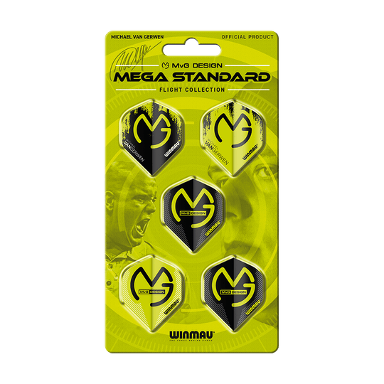 8121_Winmau_MvG_Mega_Flight_Collection_1 Das Bild zeigt das Produkt "Winmau MvG Mega Flight Collection" in einer gelb-schwarzen Verpackung. Es enthält fünf Dart-Flights mit dem MvG-Design.