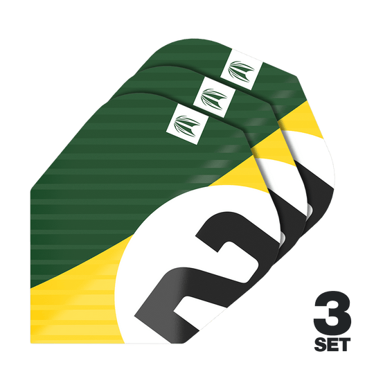 Das Bild zeigt drei Sätze der Target Pro Ultra Chicane Green No6 Flights. Die Flights sind in den Farben Grün, Gelb, Weiß und Schwarz gestaltet.