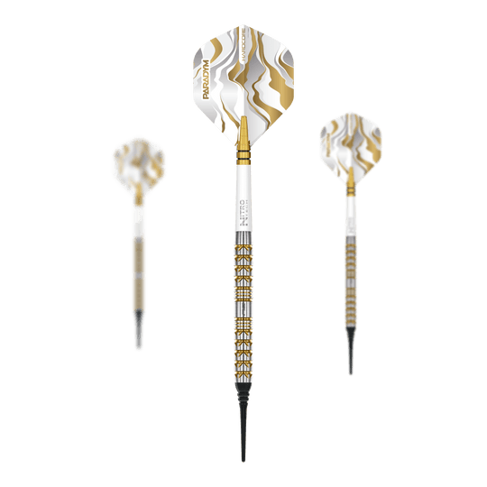Abgebildet ist ein Set der Red Dragon Paradym Gold Parallel Softdarts - 20g. Das Set besteht aus mehreren goldenen Darts.