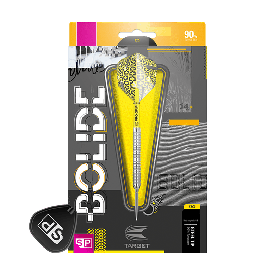 190060_Target_Bolide_04_Swiss_Point_Steeldarts_3tS9gnI5JpgQCF Das Bild zeigt die Verpackung der "Target Bolide 04 Swiss Point Steeldarts". Die Darts haben ein auffälliges gelbes Design und bestehen zu 90 % aus Tungsten.