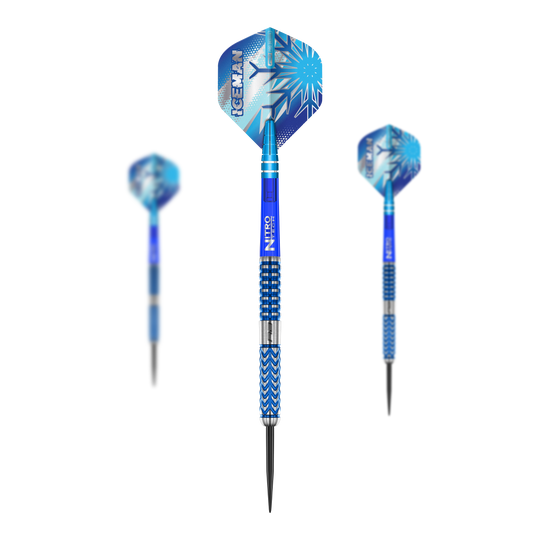 Das Bild zeigt die "Red Dragon Gerwyn Price Glacier Steeldarts" mit blauen Akzenten und eisigem Design. Die Darts haben auffällige Flights mit dem Schriftzug "ICEMAN" und Schneeflockenmuster.