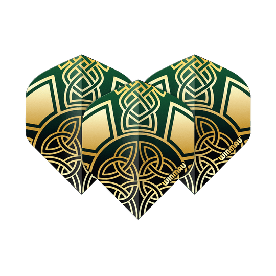 Zu sehen sind die Winmau Prism Delta Brendan Dolan Celtic Knot Black Gold No2 Standard Flights. Diese Darts-Flights haben ein schwarzes und goldenes keltisches Knoten-Design.