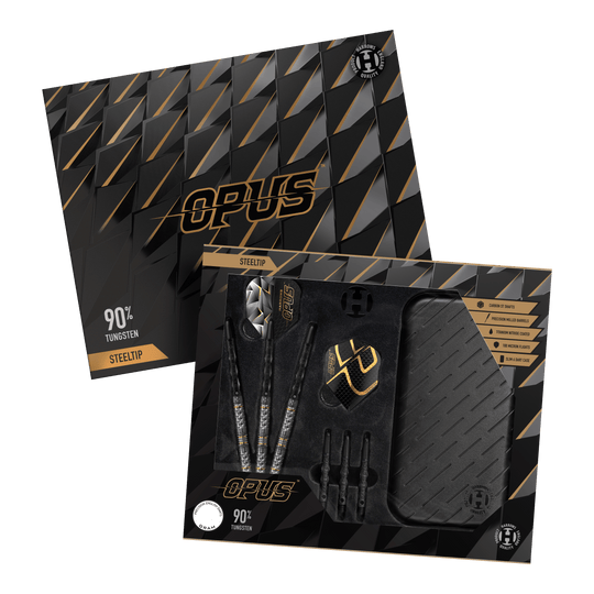 Harrow's Opus Quick Point steel darts Harrows Opus Quick Point Steeldarts - 23g. Es werden drei Steeldarts mit 23 Gramm aus der Harrows Opus Reihe dargestellt.