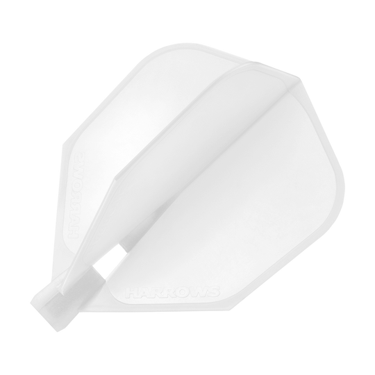 HRC-180_Harrows_Clic_Standard_Flight_Clear_1wYUrVpTLTRWzS Das Bild zeigt ein klares Dart-Flight des Modells "Harrows Clic Standard". Das Flight ist durchsichtig und hat eine klassische, standardisierte Form.