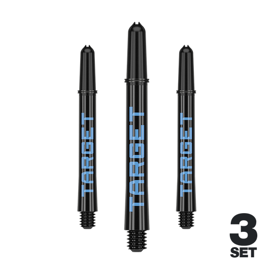 Target Pro Grip TAG Shafts - 3 Sets - Black Blue Das Bild zeigt drei schwarze Dartschäfte mit blauer "TARGET"-Aufschrift. In der rechten unteren Ecke steht "3 SET".