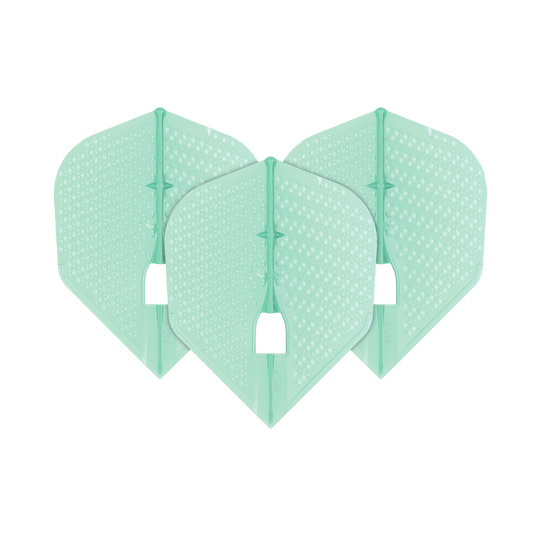 Das Bild zeigt drei mintgrüne Dart-Flights mit einer Dimple-Oberfläche. Sie haben die charakteristische Form des L-Style Flights Dimple Champagne L3PRO Shape.