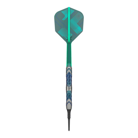 Target Japan Kaze Series Ceros 03 Soft Darts - 19g Das Bild zeigt einen Target Japan Kaze Series Ceros 03 Softdart mit einem Gewicht von 19 Gramm. Der Dart hat ein auffälliges Design mit blauen und silbernen Mustern sowie einer grünen Flight.