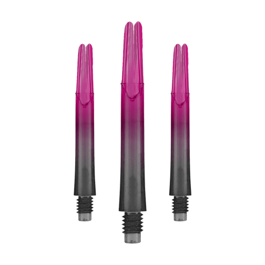 L-L-Style-Shaft Locked Straight Natural9 TwoTone Shafts - Pink Das Bild zeigt drei pink-schwarze Dartschäfte in gerader Form. Sie stehen aufrecht nebeneinander und haben Gewinde am unteren Ende.