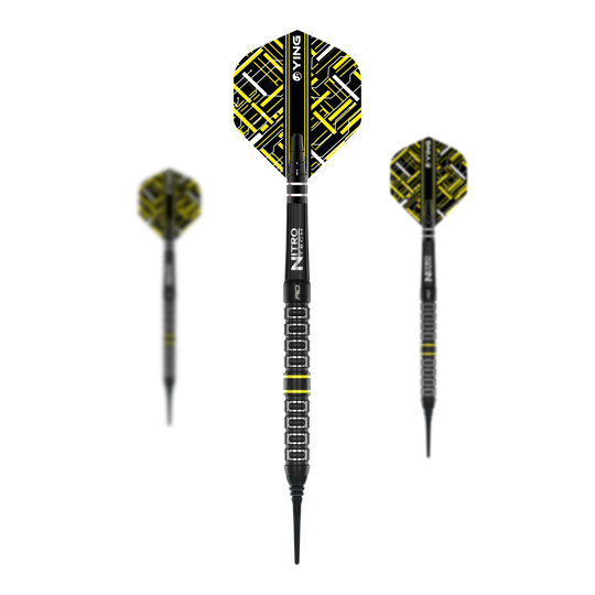 Red Dragon Astraeus Q4X Parallel Softdarts - 20g Das Bild zeigt drei Softdarts des Modells "Red Dragon Astraeus Q4X Parallel" mit einem Gewicht von 20g. Die Darts haben ein auffälliges schwarz-gelbes Design mit geometrischem Muster auf den Flights.