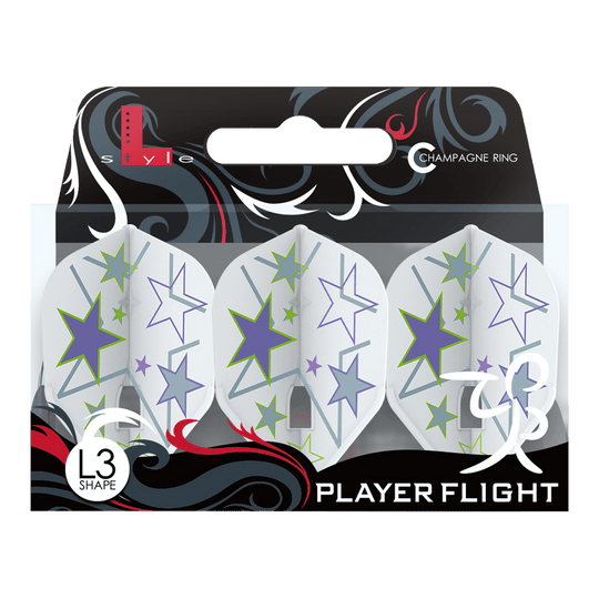 Das Bild zeigt eine Packung mit weißen L-Style Ryan Murray V1 L3PRO Flights. Die Flights sind mit bunten Sternen in Lila, Grün und Hellblau verziert.