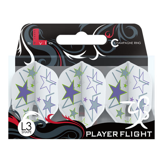 L-Style Ryan Murray V1 White L3PRO Flights Das Bild zeigt eine Packung mit weißen L-Style Ryan Murray V1 L3PRO Flights. Die Flights sind mit bunten Sternen in Lila, Grün und Hellblau verziert.