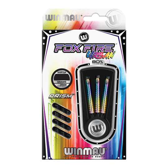Winmau Foxfire Urban Soft Darts - 20g Das Bild zeigt die Winmau Foxfire Urban Softdarts mit einem Gewicht von 20 Gramm. Die Verpackung ist bunt gestaltet und enthält drei Darts mit Regenbogen-Design.