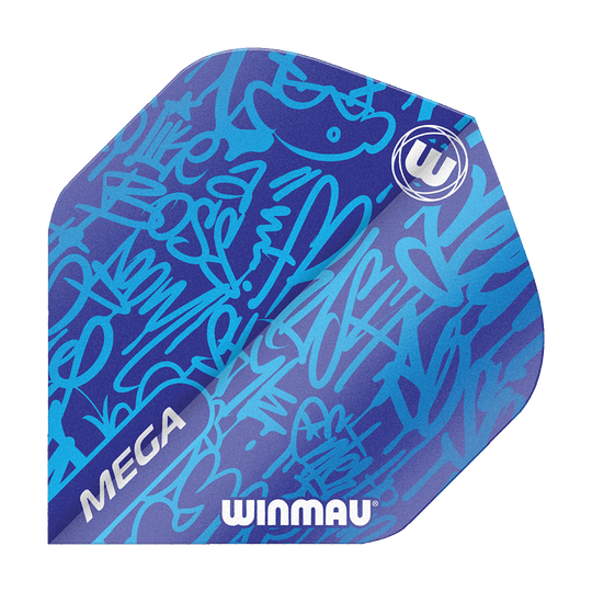 Das Bild zeigt ein Winmau Mega Blue Standard Flight für Dartpfeile. Das Flight ist blau mit modernen, grafischen Mustern und dem Winmau-Logo bedruckt.