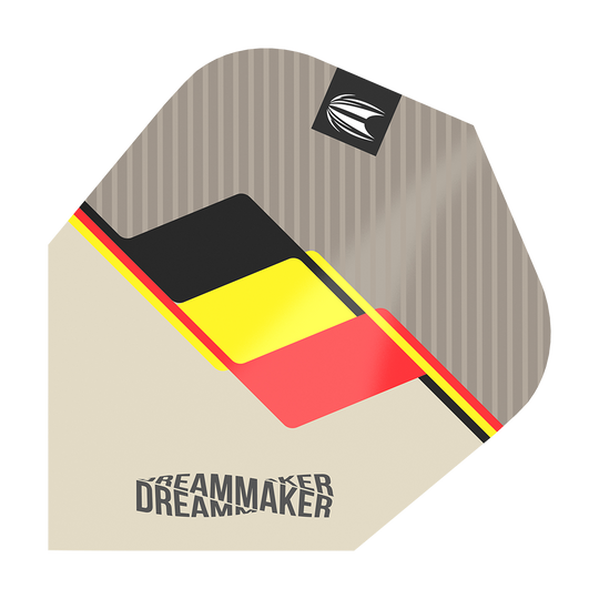 Auf dem Bild ist ein Dart-Flight des Produkts "Target Pro Ultra Dimitri Van Den Bergh TenX" zu sehen. Das Design zeigt die Farben der belgischen Flagge und das Wort "DREAMMAKER".