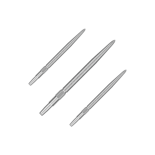 Target Swiss Point SLK dart tips - silver Auf dem Bild sind drei silberne Dartspitzen zu sehen. Sie liegen nebeneinander und sind spitz zulaufend gestaltet.