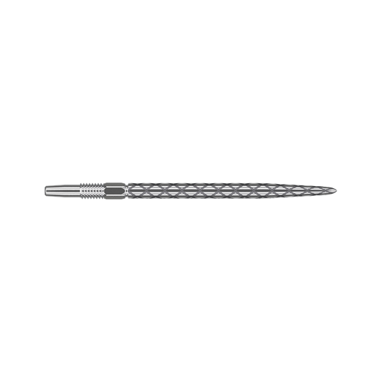 Target Swiss Diamond Pro Silver Points dart tips Das Bild zeigt eine silberne Dartspitze mit einem Rautenmuster entlang des Schafts. Die Spitze ist gerade und hat feine Gravuren zur besseren Griffigkeit.