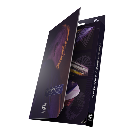 Target Phil Taylor Power 9Five GEN10 soft darts Die Abbildung zeigt die Verpackung der "Target Phil Taylor Power 9Five GEN10 Softdarts". Auf der Vorderseite ist ein Porträtfoto sowie der Produktname zu sehen.