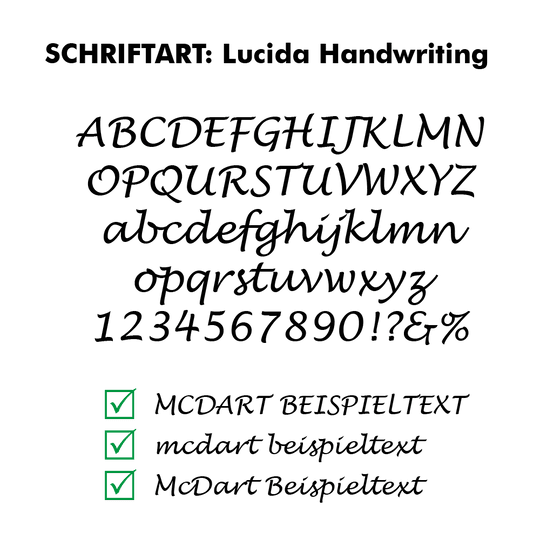 Flightdruck_Schriftart_LucidaHandwriting Dart-Flight mit LucidaHandwriting-Schriftzug. Die Schrift ist modern und leicht gebogen.