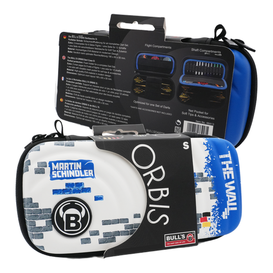 Das Bild zeigt das Produkt "Bulls Orbis S Martin Schindler Dartcase" in einer Verpackung. Das Dartcase ist bunt gestaltet und trägt den Namen "Martin Schindler" sowie "The Wall".