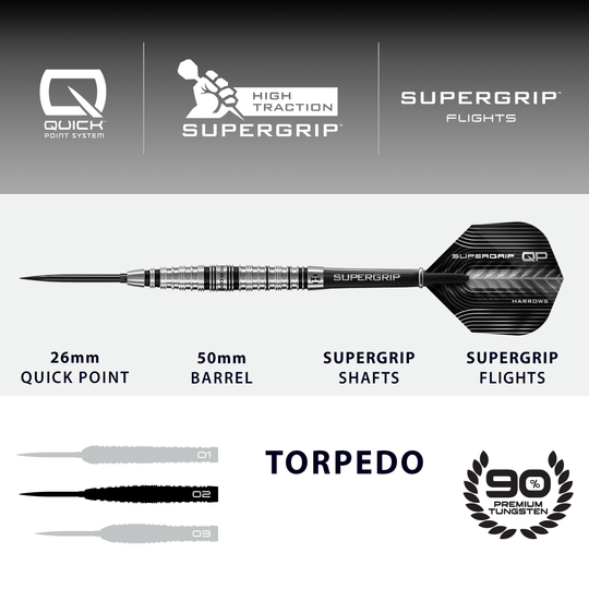 Harrows Supergrip Torpedo Quick Point Steel Darts Dieses Bild zeigt die Harrows Supergrip Torpedo Quick Point Steeldarts. Der Artikel ist in Nahaufnahme zu sehen.