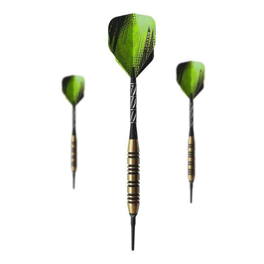 Golden Green Softdarts - 18g Das Bild zeigt drei Softdarts mit goldenen und schwarzen Griffen sowie grünen Flights. Das Produkt heißt „Golden Green Softdarts - 18g“.