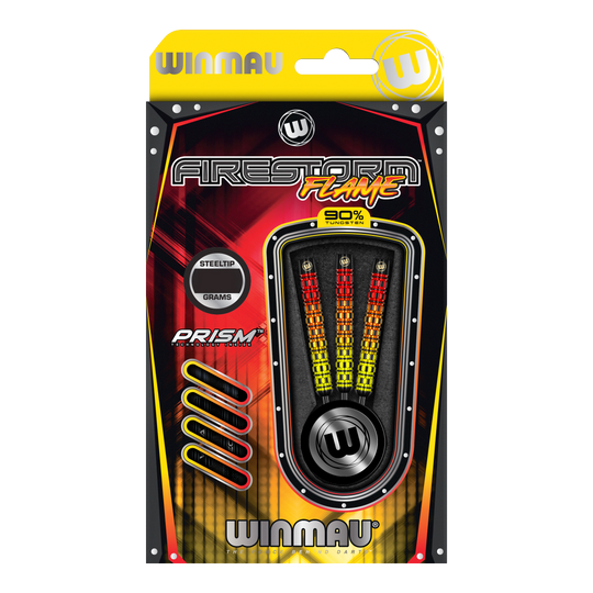 Winmau Firestorm Flame Parallel Steeldarts Das Bild zeigt die Verpackung der Winmau Firestorm Flame Parallel Steeldarts. Die Darts haben ein auffälliges Flammendesign und bestehen zu 90% aus Tungsten.