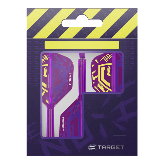 Target K-Flex Luke Littler World Champion 2025 No6 Flights Die Verpackung zeigt die Target K-Flex Luke Littler World Champion 2025 No6 Flights. Die Flights sind vorwiegend lila mit gelben Akzenten und befinden sich in einer auffälligen Verpackung.