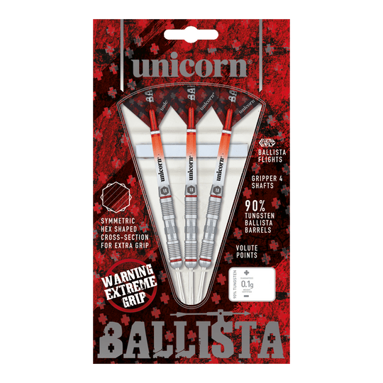 Unicorn Ballista Style 2 steel darts Das Bild zeigt eine Packung "Unicorn Ballista Style 2 Steeldarts" mit drei Darts. Die Verpackung hebt den extremen Grip und den 90%igen Tungsten-Anteil der Barrels hervor.