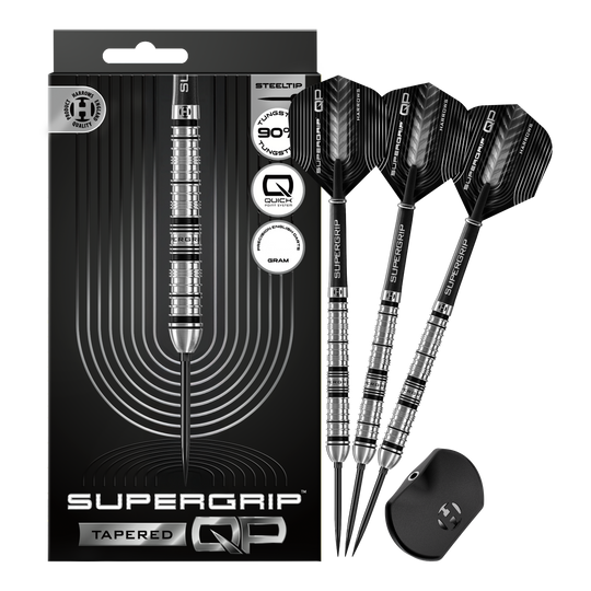Harrows Supergrip Tapered Quick Point Steel Darts Abgebildet sind die Harrows Supergrip QP Tapered Quick Point Steeldarts. Es handelt sich um hochwertige Steeldarts für präzises Dartspiel.