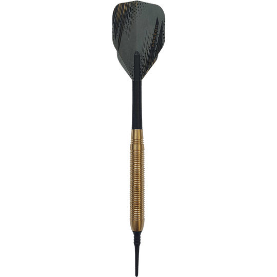 8010_Grey_One_Golden_Softdarts_1qZeMWtFlt0qpY Auf dem Bild ist ein Softdart mit goldener Griffzone und schwarzer Spitze zu sehen. Die Flügel des Darts sind grau mit goldenen Akzenten.