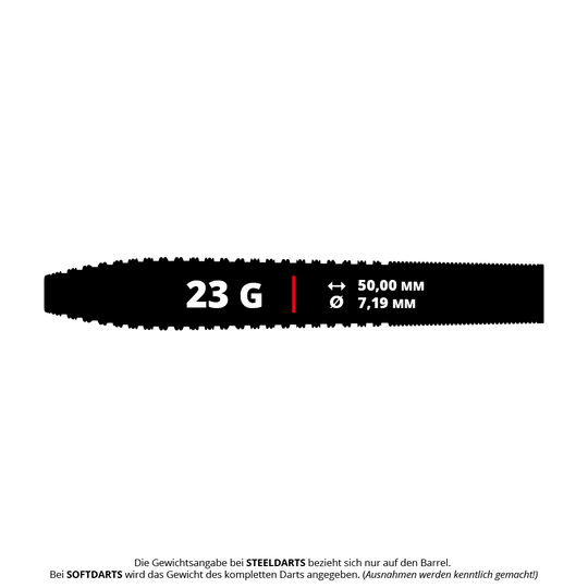 Bulls NL Romeo Grbavac steel darts - 23g Das Bild zeigt die Produktinformationen des "Bulls NL Romeo Grbavac Steeldarts - 23g". Der Dart wiegt 23 Gramm, ist 50,00 mm lang und hat einen Durchmesser von 7,19 mm.