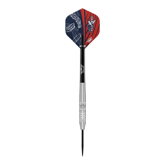 Bulls NL Richard Veenstra 80 steel darts - 23g Das Bild zeigt einen Steeldartpfeil namens "Bulls NL Richard Veenstra 80 Steeldarts - 23g". Der Dart hat eine silberne, gerillte Spitze und bunte Flights in Blau und Rot mit weißen Mustern.