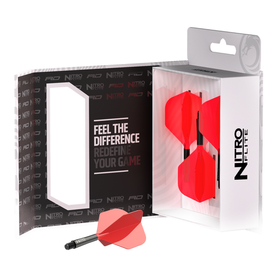 Red Dragon Nitroflite - Black Shaft Red No2 Flights Zu sehen ist Red Dragon Nitroflite - Black Shaft Red No2 Flights. Die Dart-Flights zeigen ein Design in Schwarz und Rot.