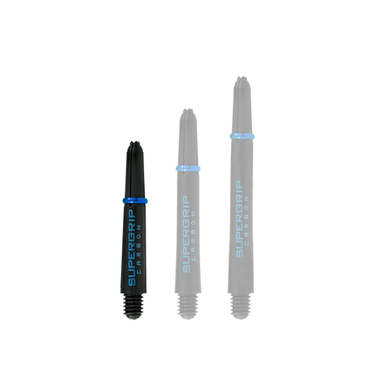 HR363_Harrows_Supergrip_Carbon_Shafts_Aqua_33mm_1 Das Bild zeigt drei Harrows Supergrip Carbon Shafts in der Farbe Aqua. Sie sind unterschiedlich lang und haben ein schwarzes Design mit blauen Akzenten.