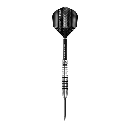Harrows Supergrip Bomb Quick Point Steel Darts Das Bild zeigt die Harrows Supergrip Bomb Quick Point Steeldarts. Die Darts sind für präzises Werfen im Dartspiel entwickelt.