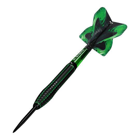 Mission Venom steel darts Mission Venom Steeldarts sind als Set dargestellt. Die Barrels zeigen eine verspielte Struktur.
