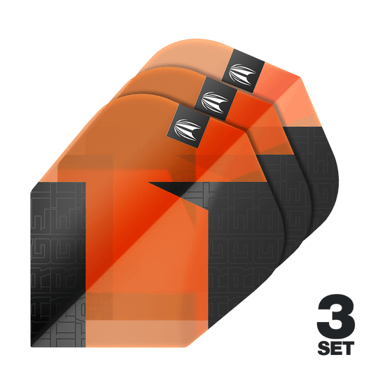Target Pro Ultra TAG Orange No6 Standard Flights - 3 Sets Das Bild zeigt drei Sätze orangefarbener Dart-Flights mit schwarzem Muster. In der rechten unteren Ecke steht "3 SET".