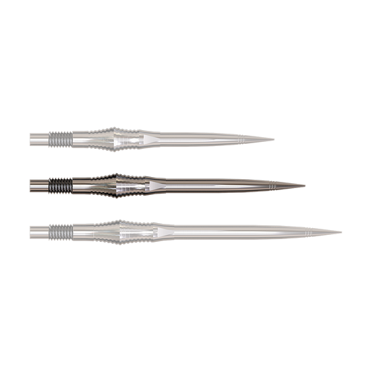 Dartspitzen der Spire Silver Elite Serie in 35mm Länge werden gezeigt. Die Spitzen sind metallisch und silber.