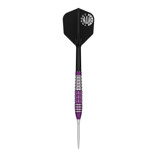 Target Japan Prime Series Tung Suk Zenith GEN1 Swiss Point Steeldarts - 23g Das Bild zeigt einen Steeldartpfeil aus der Target Japan Prime Series mit silber-lila geriffeltem Barrel und schwarzer Flight. Auf dem Flight ist ein weißes Logo mit der Aufschrift "TARGET JAPAN" zu sehen.