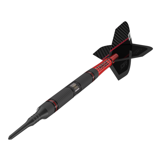Target Scope 10 Soft Darts Das Bild zeigt einen modernen Softdart mit dem Namen "Target Scope 10 Softdarts". Der Dart ist schwarz und rot gestaltet und hat eine auffällige, strukturierte Oberfläche sowie eine schwarze Flight.