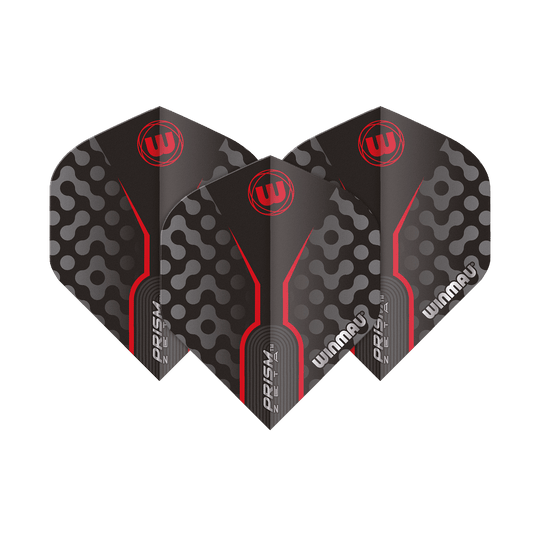 Das Bild zeigt drei Dart-Flights des Modells "Winmau Prism Zeta GreyRed Standard". Die Flights sind grau mit roten Akzenten und einem modernen Muster gestaltet.