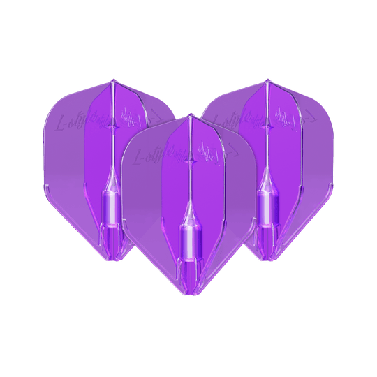 L-Style Fantom L3EZ Flights Purple Das Bild zeigt drei violette L-Style Fantom L3EZ Flights für Darts. Sie sind nebeneinander angeordnet und haben eine glänzende, transparente Oberfläche.