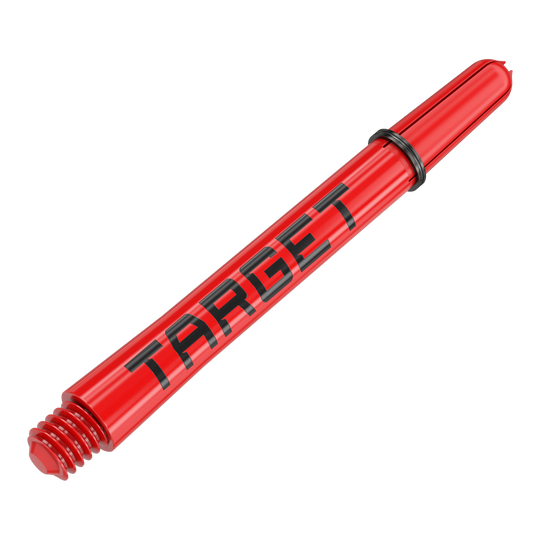 Target Pro Grip TAG Shafts - 3 Sets - Red Auf dem Bild ist ein roter Dart-Schaft mit der Aufschrift "TARGET" zu sehen. Der Schaft hat am Ende ein Schraubgewinde und einen schwarzen Gummiring.