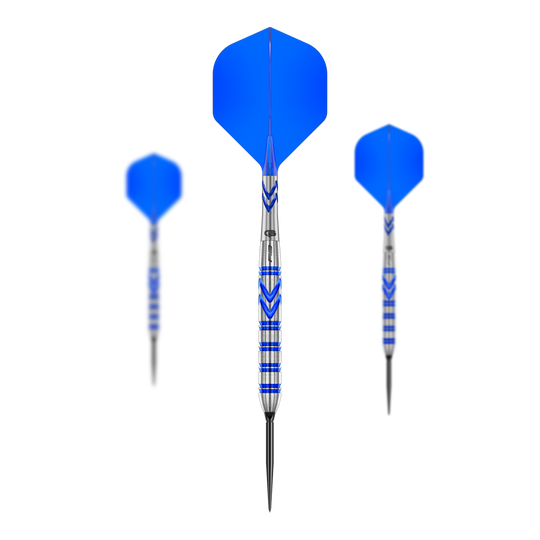 Hier ist das Set der Red Dragon Gerwyn Price Blue Original Switch Point Steeldarts zu sehen. Das Set enthält mehrere Darts mit markantem blauen Look.