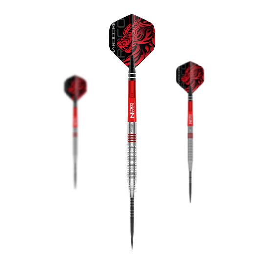 Red Dragon Jonny Clayton Original 2 steel darts Das Bild zeigt drei Red Dragon Jonny Clayton Original 2 Steeldarts. Die Darts haben rote und silberne Griffe sowie Flights mit einem roten Drachenmotiv.