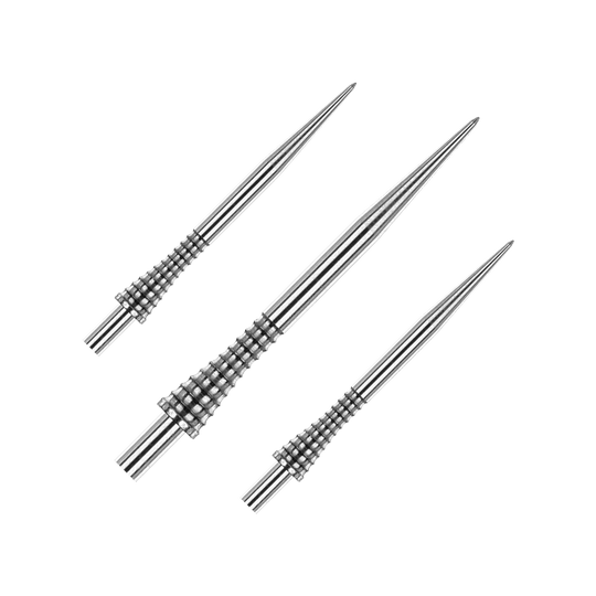 Red Dragon Raptor Gripped Silver steel dart tips 38mm Das Bild zeigt drei silberne Steeldartspitzen mit geriffeltem Griffdesign. Es handelt sich um das Produkt "Red Dragon Raptor Gripped Silver Steeldartspitzen 38mm".