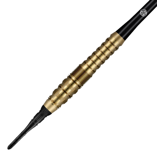 Shot Redline Gizmo Soft Darts - 20g Das Bild zeigt einen Shot Redline Gizmo Softdart mit einem Gewicht von 20 Gramm. Der Dartpfeil hat einen goldfarbenen, geriffelten Griffbereich und eine schwarze Spitze.