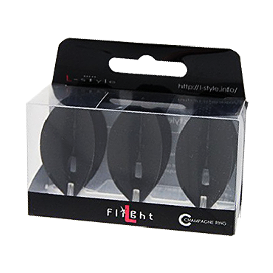 Das Bild zeigt eine Packung mit L-Style Champagne L2PRO Teardrop Flights in Schwarz. Die Verpackung enthält drei schwarze Dartflights, die sichtbar durch das Klarsichtfenster sind.