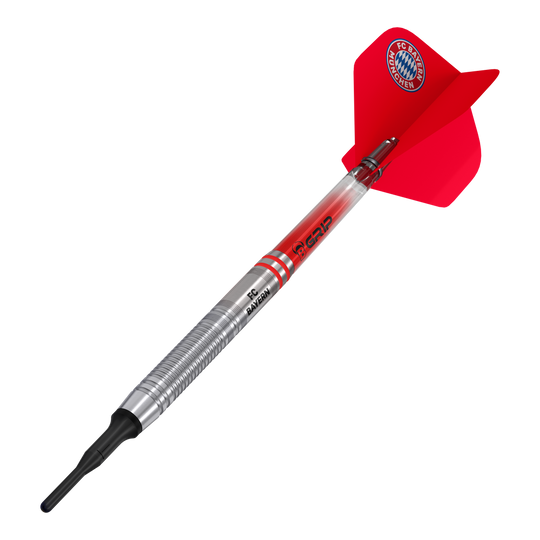 Gezeigt werden die Bulls FC Bayern München Tungsten Softdarts - 18g. Diese Darts sind ideal für Softdart-Liebhaber und FC Bayern Fans.